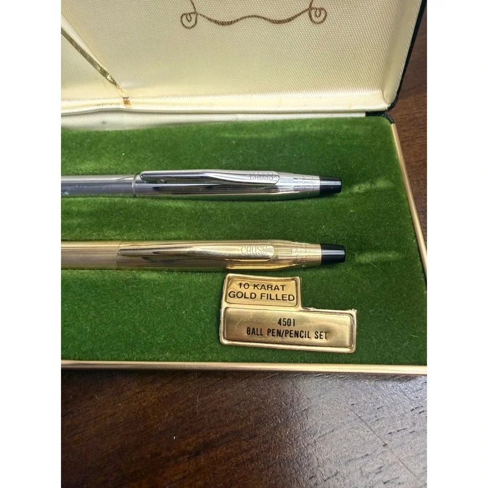 Vintage Cross 4501 Pen and Pencil Set‎ 10K Gold Filled Chrome Engraved with Case